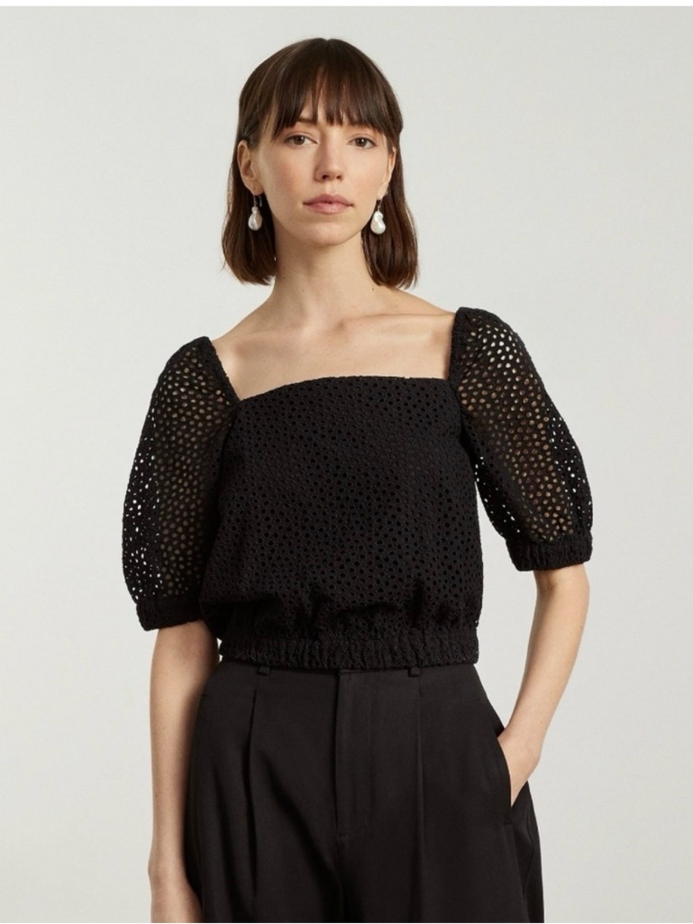 Everlane Black Eyelet Puff-Sleeve Square Neck Blouse S